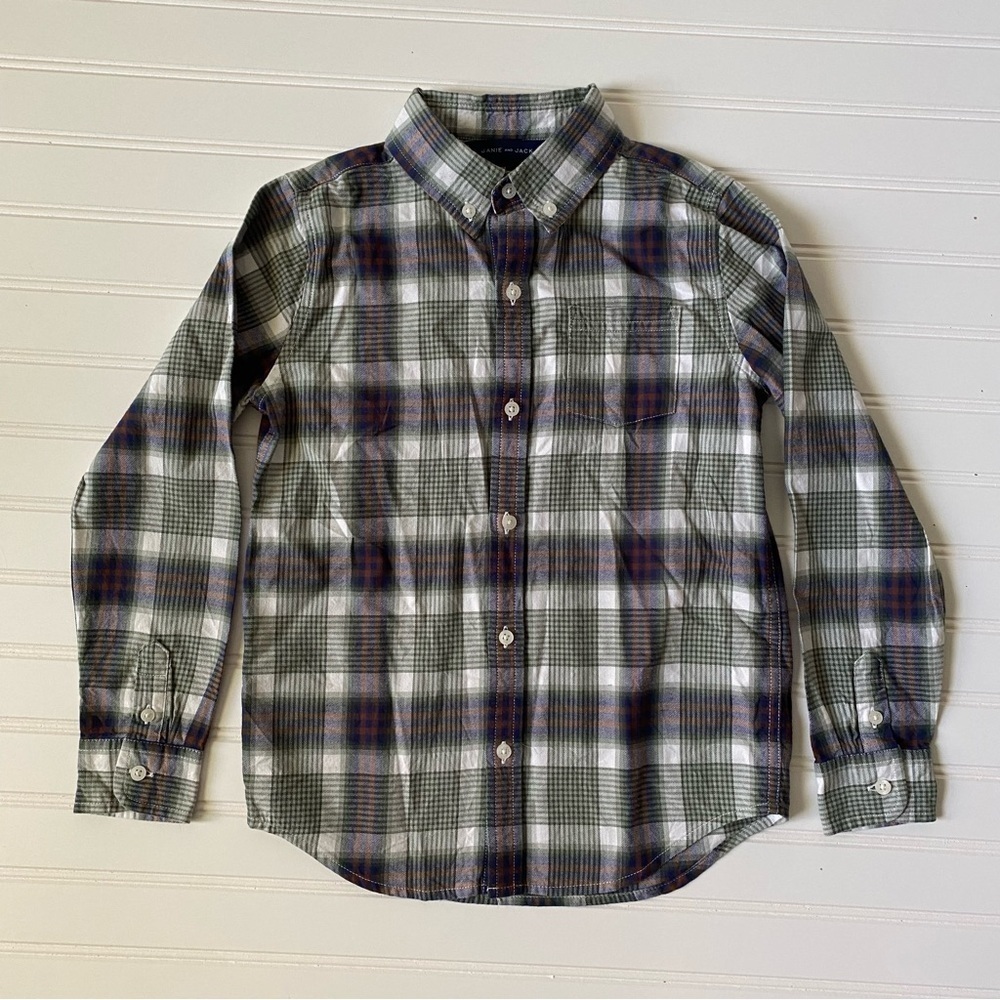 Janie and Jack | Boy's Plaid Long Sleeve Button Down Shirt Size 7 Green Blue